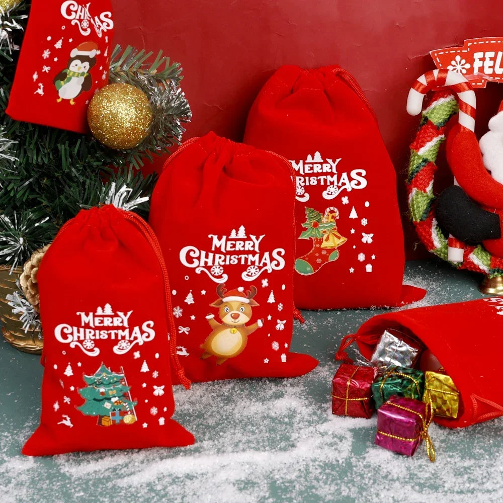 10/1Pcs Red Christmas Velvet Bags Drawstring Santa Gift Pouch Candy Snack Wrapping Bag Christmas Wedding Party Favors Decoration