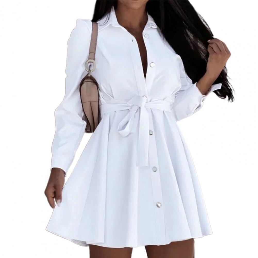 Elegant White Mini Shirt Dress Woman Autumn Long Sleeve Office Ladies Dresses Belt Casual Black Button Lace Up A-line Robe Femme