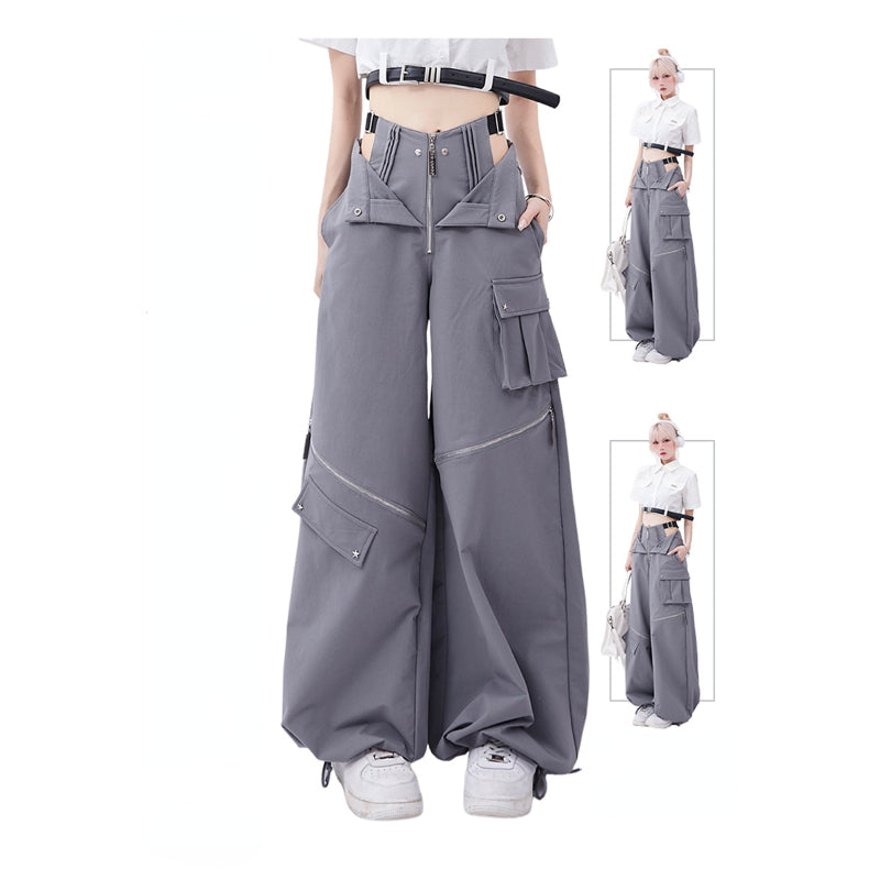 Grey Cargo pants female summer casual original retro multi zip pocket two wear design drawstring casual oversized trousers women