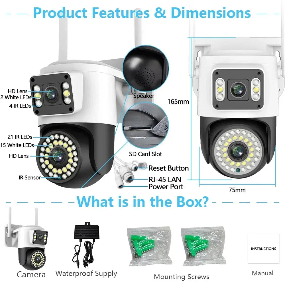 4K 8MP HD YOOSEE IP Camera Dual Lens PTZ Wifi Camera Dual Screen Auto Tracking Two Way Audio Color Night Vision Security Camera