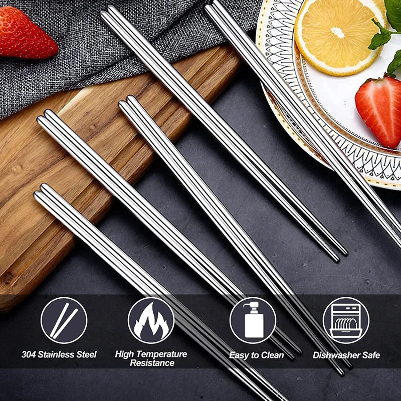 1/2/5 Pairs Chinese Chopsticks Stainless Steel Non-slip Sushi Chopstick Korean Japanese Food Metal Sticks Kitchen Tableware Set