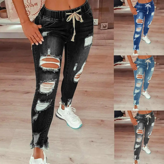 4XL Women Jeans Ripped Vintage Waist Pants Skinny Denim Pants