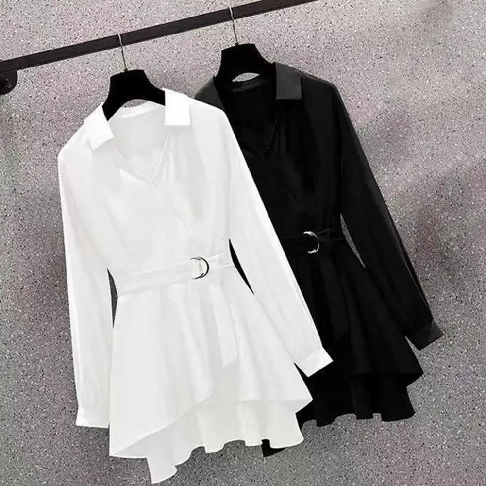 Women Long Sleeves Blouse Lapel V Neck Long Sleeves Irregular Hem Women Shirt Waist Tight Adjustable Belt Pullover Shirt Top