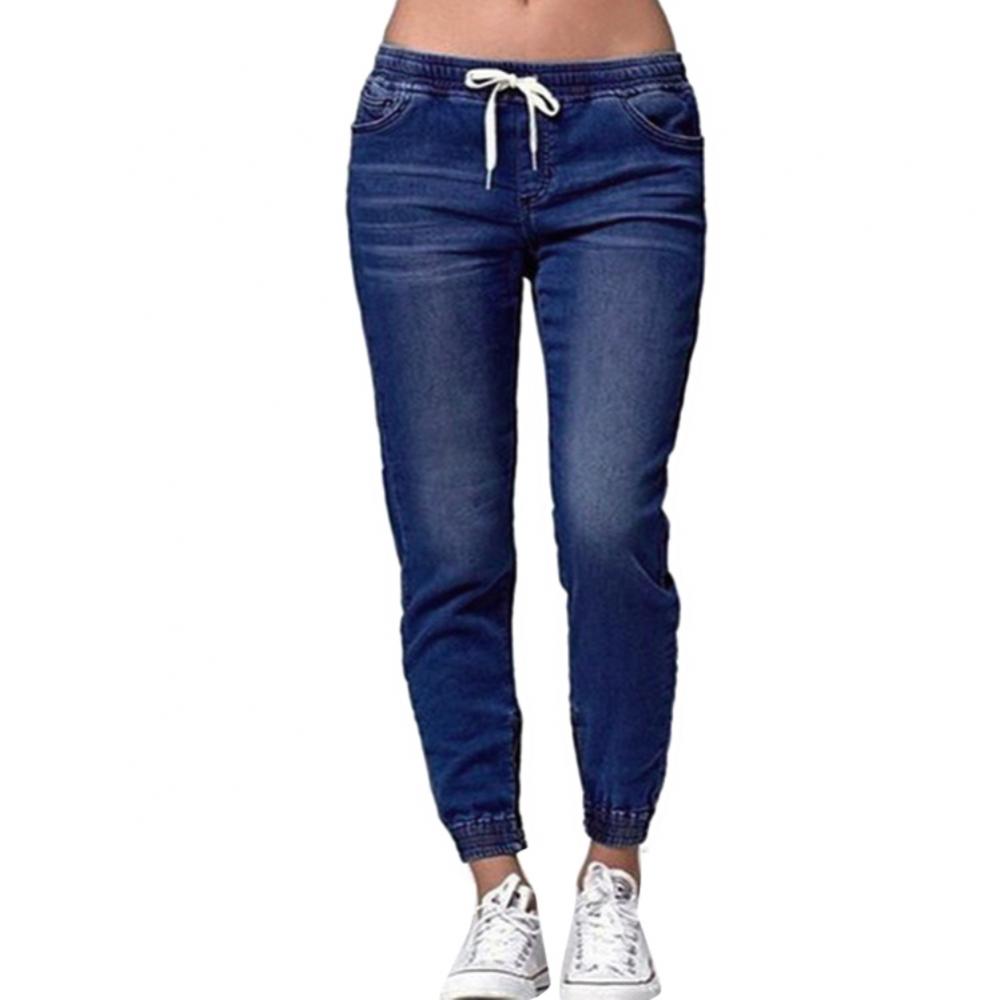 Loose Drawstring Women Jeans Elastic Waist Pants Denim Plus Size Casual Long