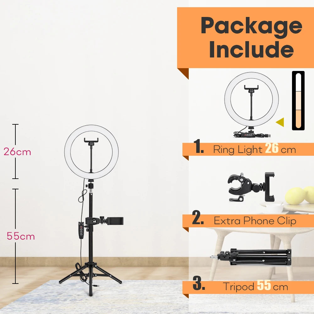 Tripod With LED Ring Light For Phone Tripod Camera Stand Selfie Photography Light LED Lamp Color Photo Studio For YouTube Live