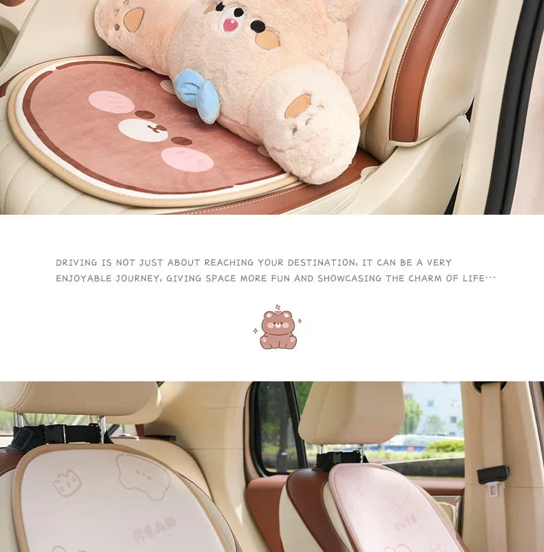 2024 Cartoon Bear Car Seat Cushion Full Set Soft Plush Cute Seat Cushion Cover Fashion Decoration Interior Accessories Universal