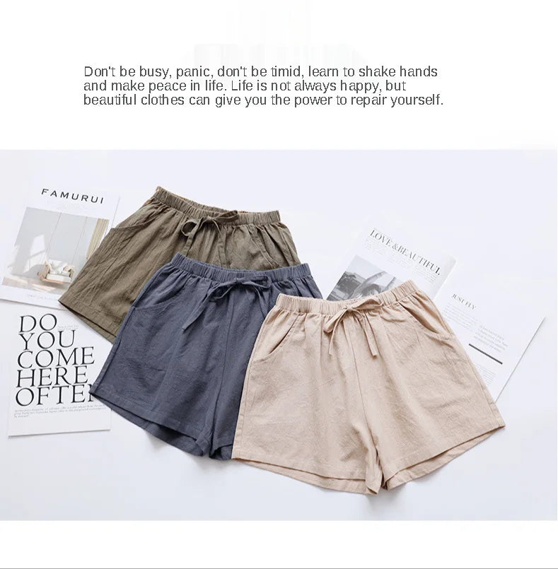 Cotton Linen Shorts Women's Sports Shorts Summer Solid High Waist Black Shorts Women Fashion Casual Basic Short Pants