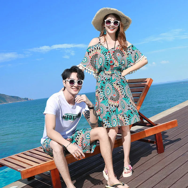 Family Matching Outfits Summer Beach Mother Daughter Floral Dresses Dad Son Cotton T-shirt & Shorts Couple Outfit Seaside