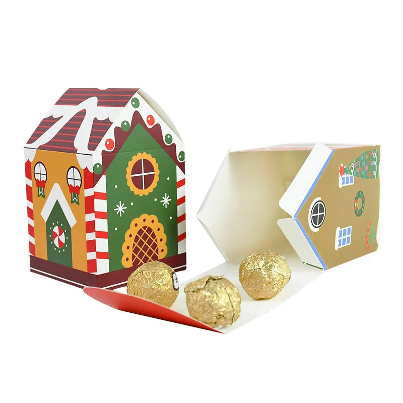 4pcs Christmas House Shape Candy Box Cartoon Merry Christmas Gift Packaging Chocolate Box Navidad 2024 New Year Party Kids Gifts