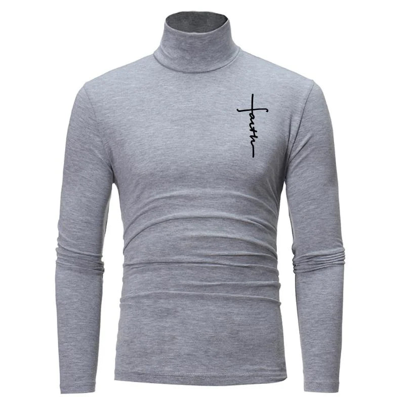 New Fashion Mens High Collar Long Sleeve T Shirt, Men's Fitness Workout Shirt Gym Training Tops Muscle Tees, Faith Graphic Tee