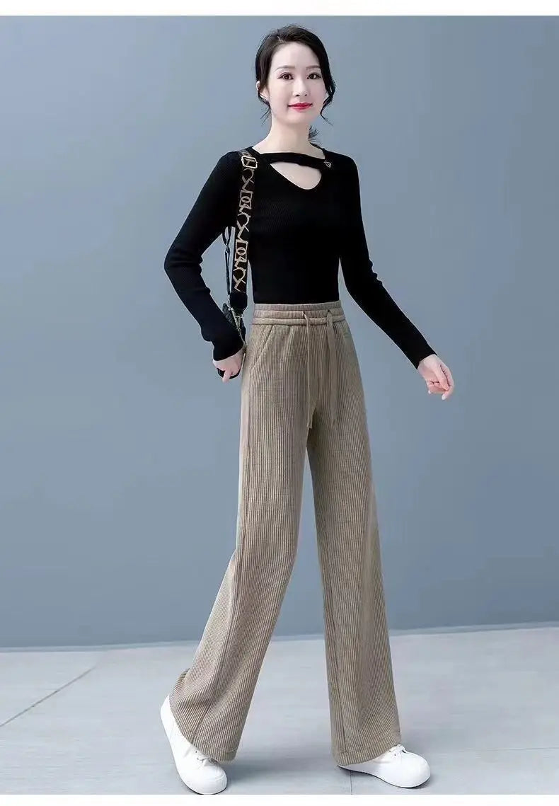 Elastic Waist Loose Casual Wide Leg Corduroy Pants Female Add Velvet Fashion All-match Trousers Women's Clothing