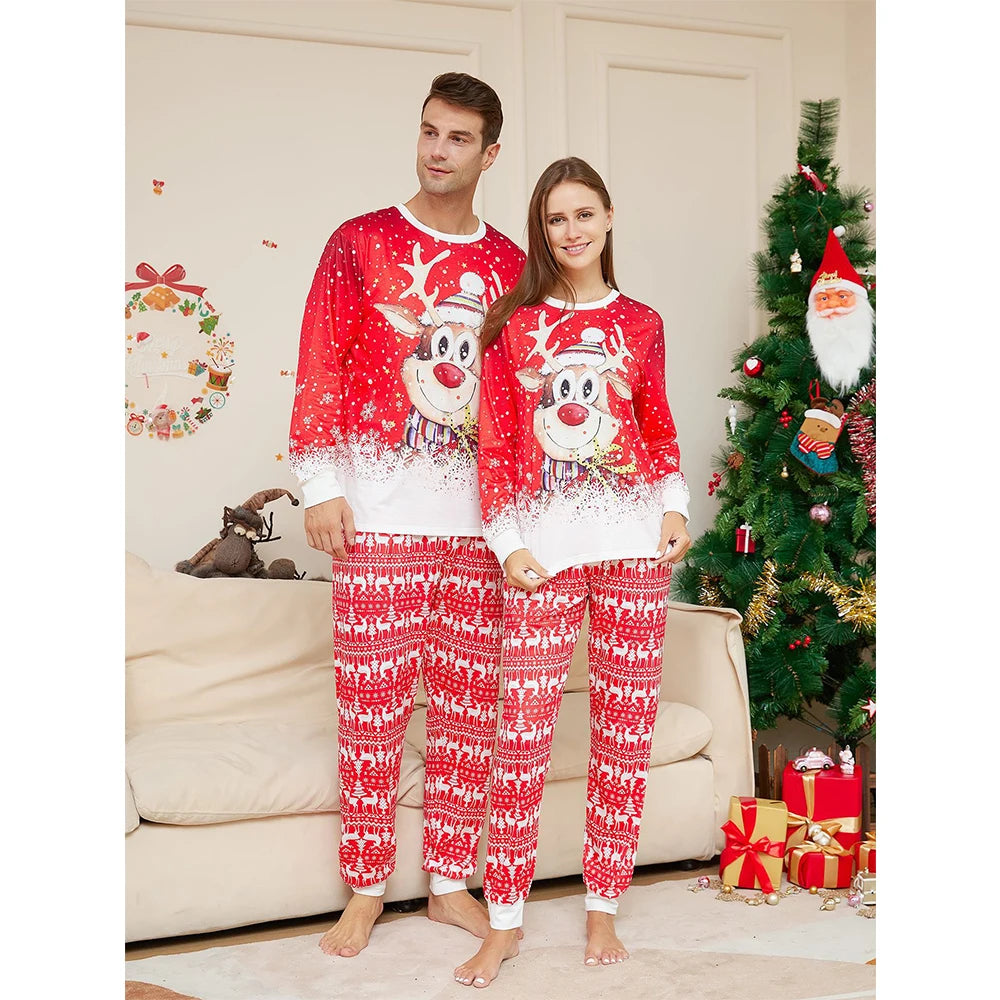 Xmas Pajamas for the Family Set Red Cartoon Elk Print Sleepwear