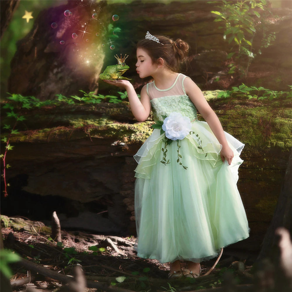 Halloween Children Tiana Cosplay Costume Girls Party Green Tulle Gowns Flower Princess Dresses