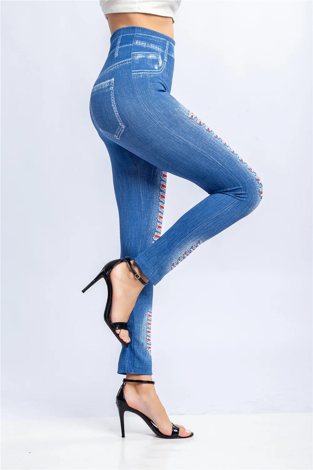 Fashion Stripe Printed Imitation Denim Leggings for Women's Elastic Slim Denim Trousers