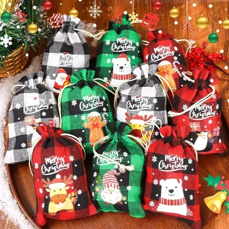 Christmas Burlap Bag Linen Xmas Gift Packaging Bags Santa Claus Snowman Drawstring Pocket Pouch Kids Favors Wrapping Box