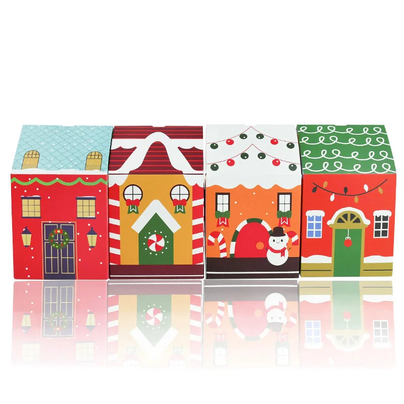 4pcs Christmas House Shape Candy Box Cartoon Merry Christmas Gift Packaging Chocolate Box Navidad 2024 New Year Party Kids Gifts