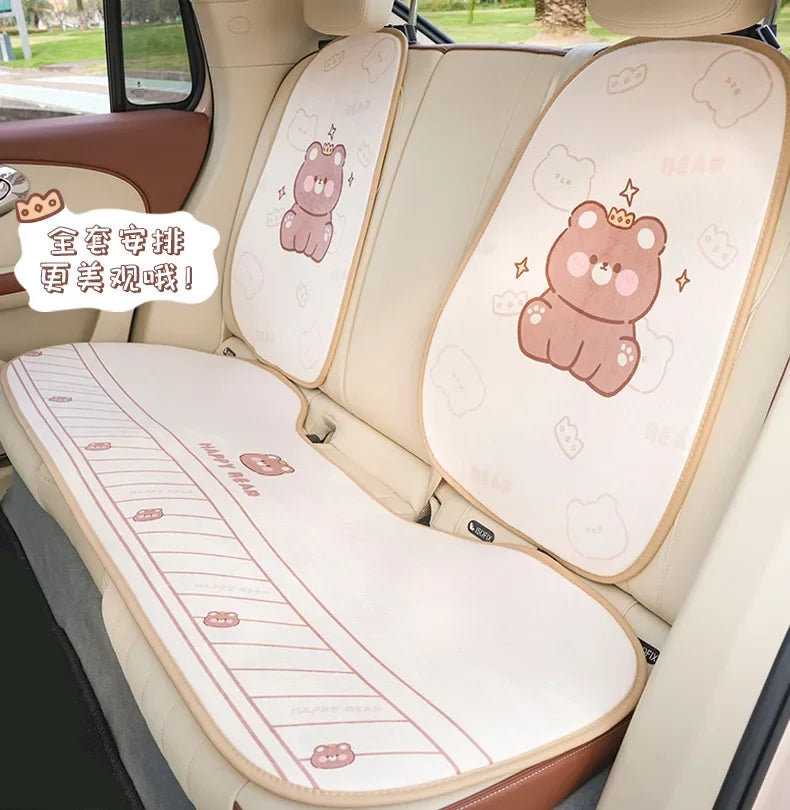 2024 Cartoon Bear Car Seat Cushion Full Set Soft Plush Cute Seat Cushion Cover Fashion Decoration Interior Accessories Universal