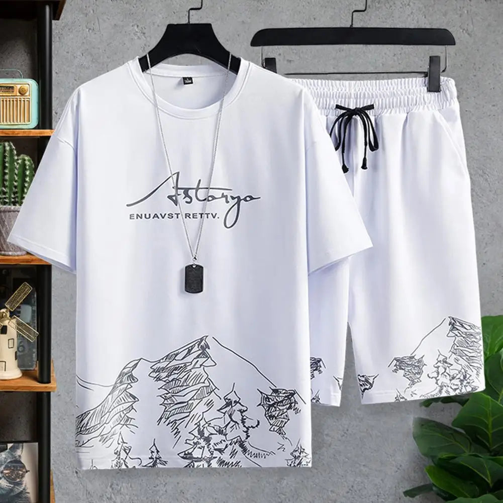 T-shirt Shorts Sportswear Suit Mountain Print Loose T-shirt And Shorts Casual Outfit Summer Men Sports Tracksuit Streetwear