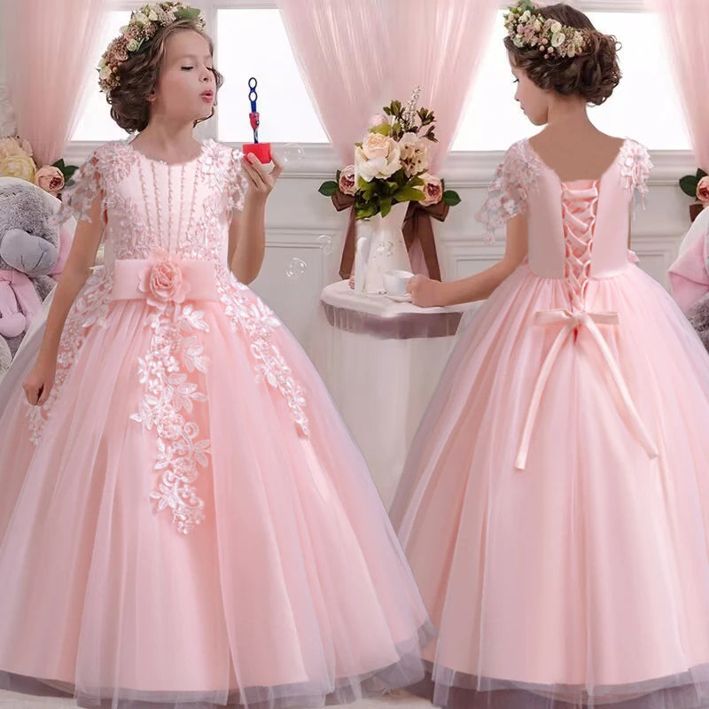 Elegant Girl Wedding Dress Embroidered Mesh Princess Dress 4-12 Year Old Girl Graduation Party Prom Evening Dress