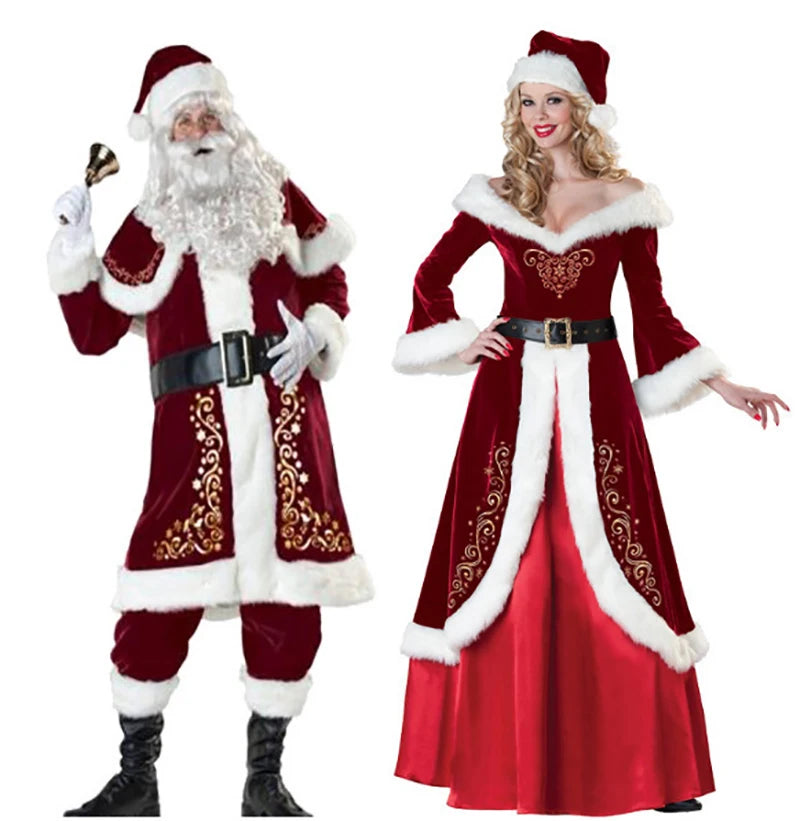 Christmas Santa Claus Costume Red Velvet Lady Elegant Long Dress Xmas For Man Woman