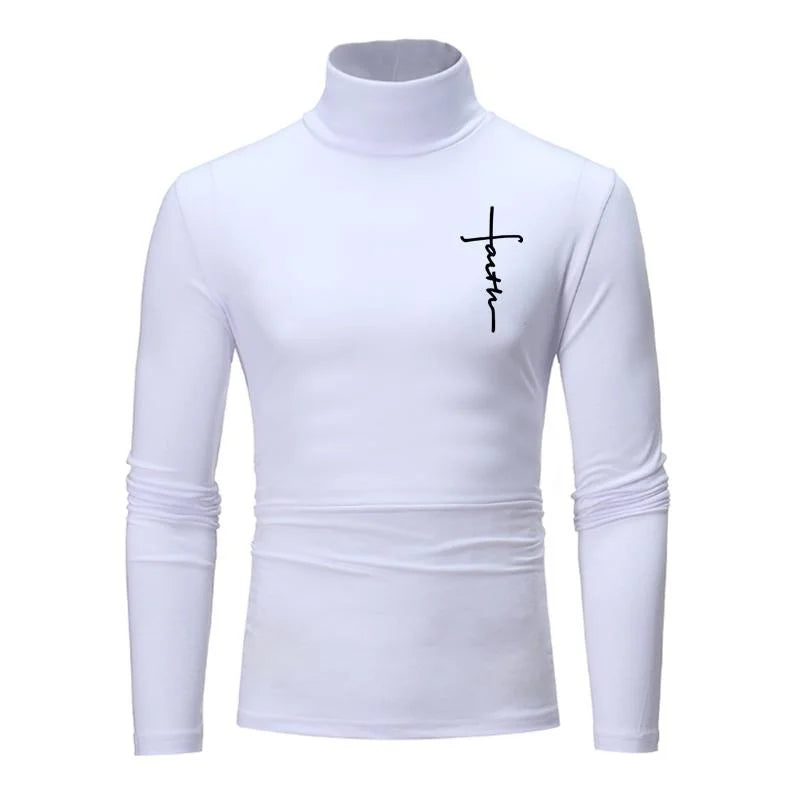 New Fashion Mens High Collar Long Sleeve T Shirt, Men's Fitness Workout Shirt Gym Training Tops Muscle Tees, Faith Graphic Tee