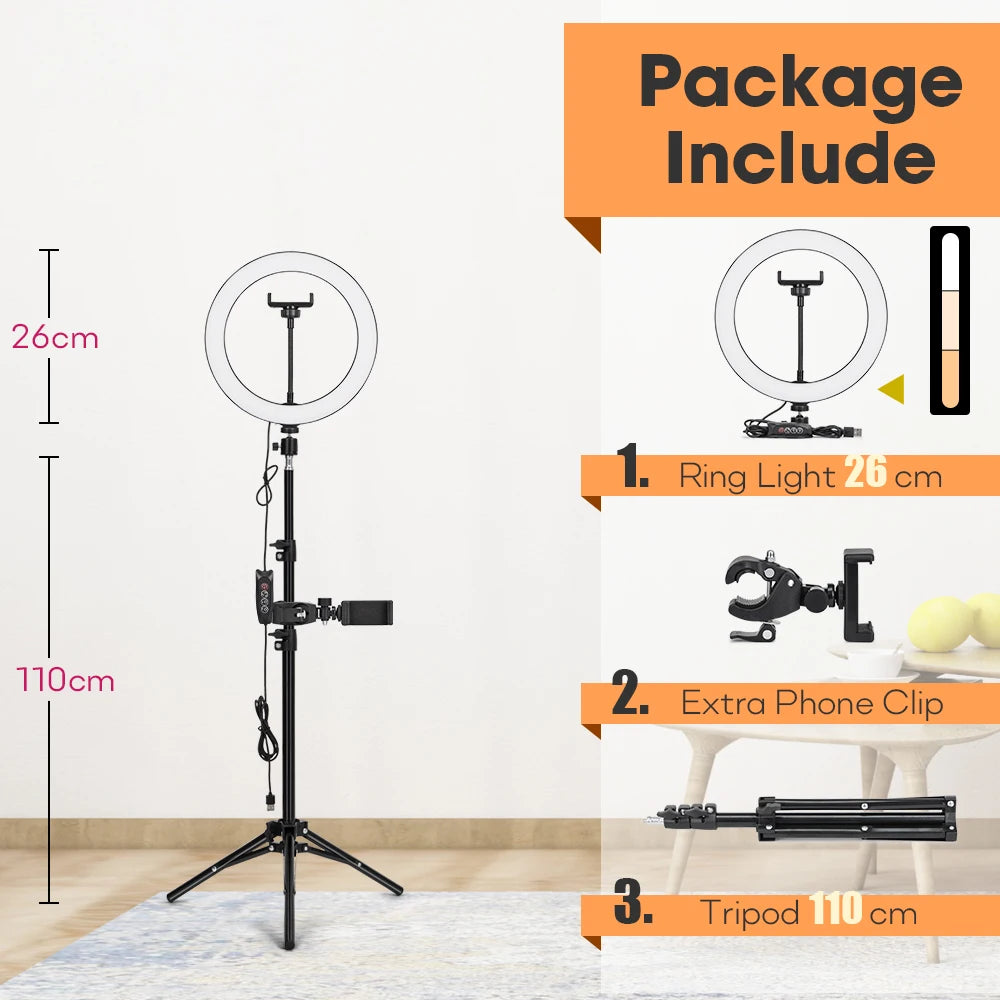 Tripod With LED Ring Light For Phone Tripod Camera Stand Selfie Photography Light LED Lamp Color Photo Studio For YouTube Live