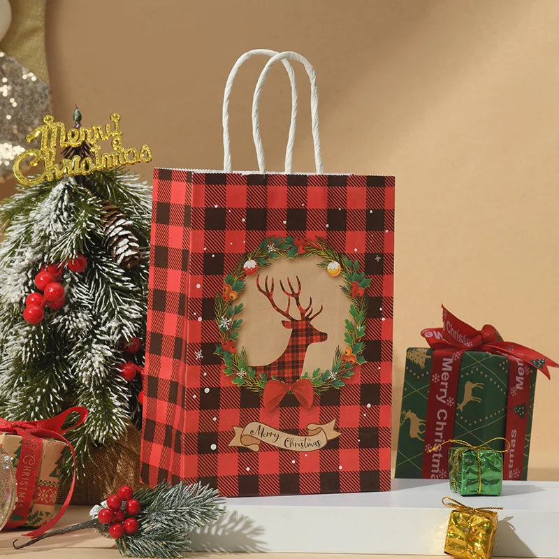 Christmas Kraft Paper Retro Grid Handheld Bag Santa Claus Gifts Box Party