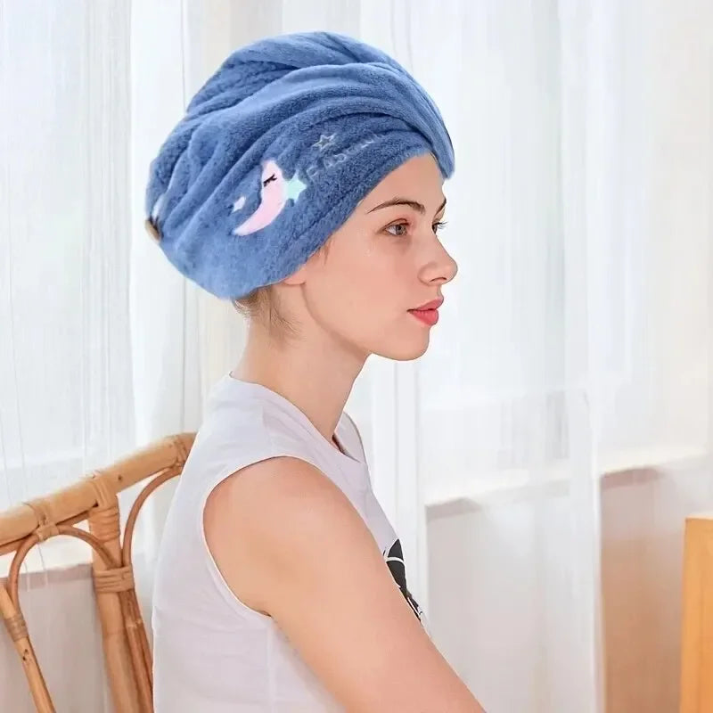 Dry hair cap absorbent coral fleece padded double-layer hair care shower cap cute embroidery hair towel household necessities.