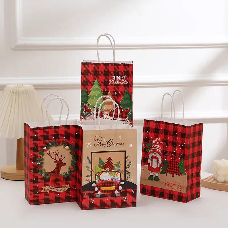 Christmas Kraft Paper Retro Grid Handheld Bag Santa Claus Gifts Box Party