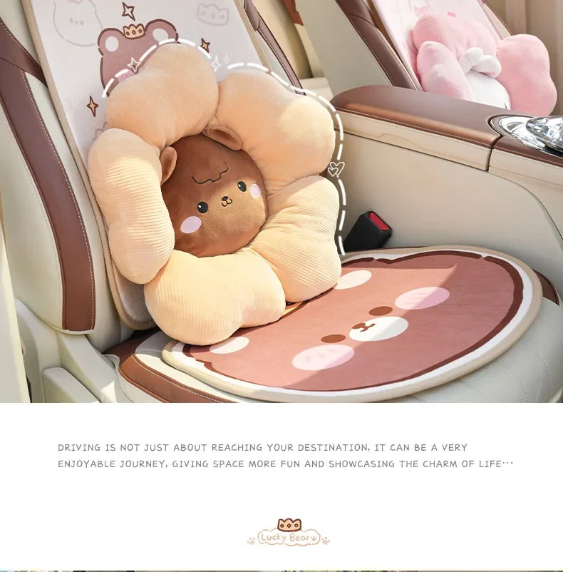 2024 Cartoon Bear Car Seat Cushion Full Set Soft Plush Cute Seat Cushion Cover Fashion Decoration Interior Accessories Universal