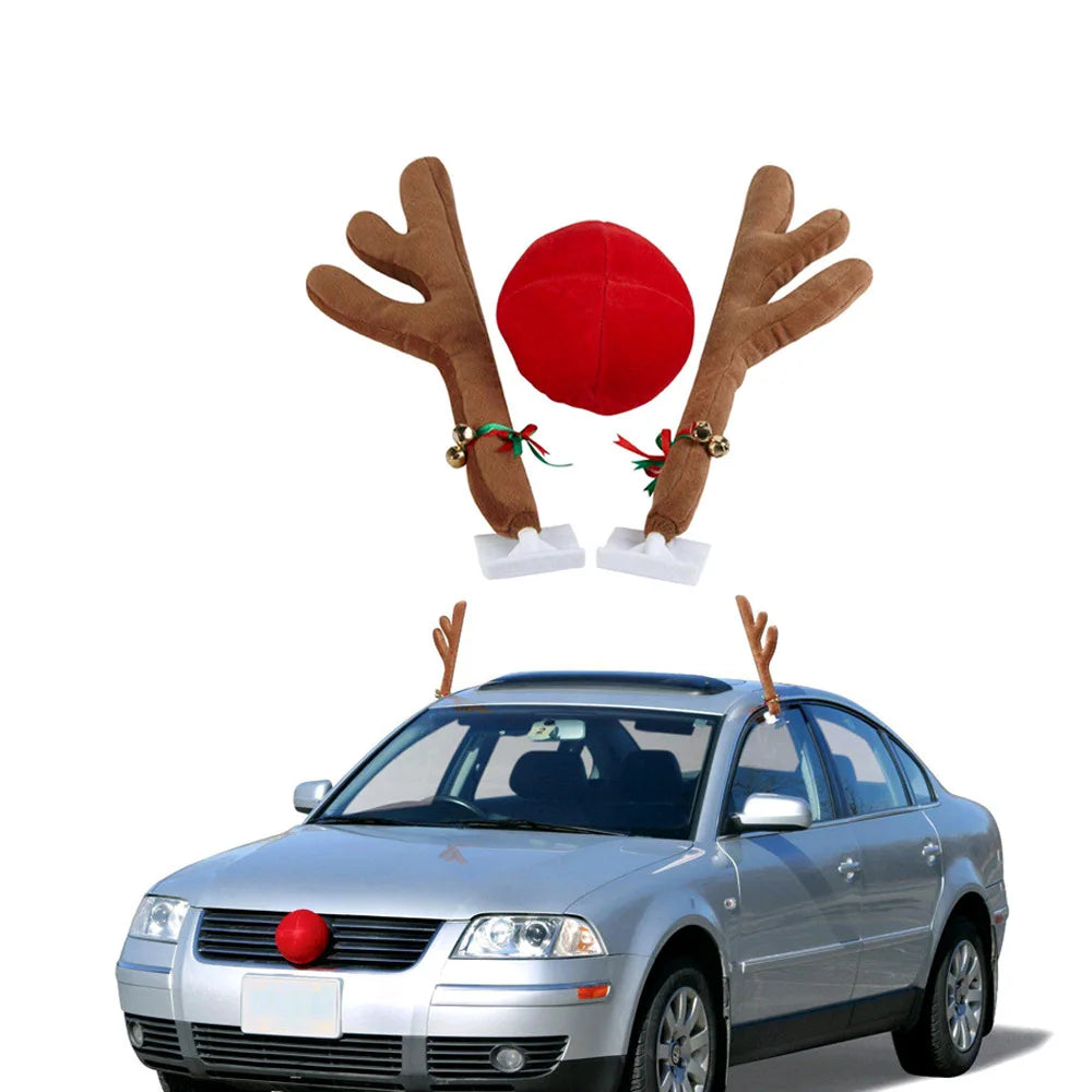 Christmas Reindeer Car Vehicle Nose Horn Costume Set Rudolf Xmas Reindeer Antlers Red Nose Ornaments Elk Car Decoration Kit