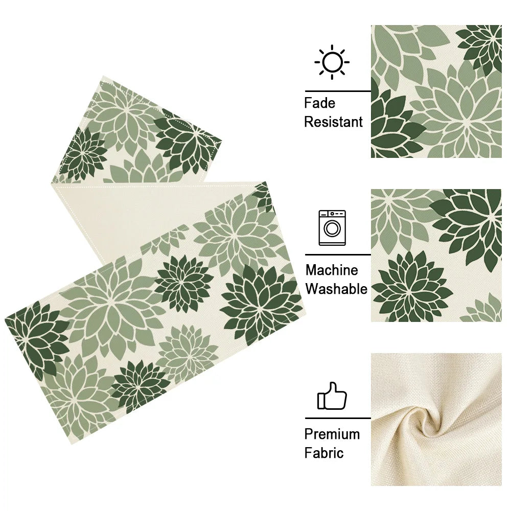 Bohemian Style Green Dahlia Table Runner 13x70 Inch Floral Geometric Design Floral Table Runner For Kitchen Dining Room Decor