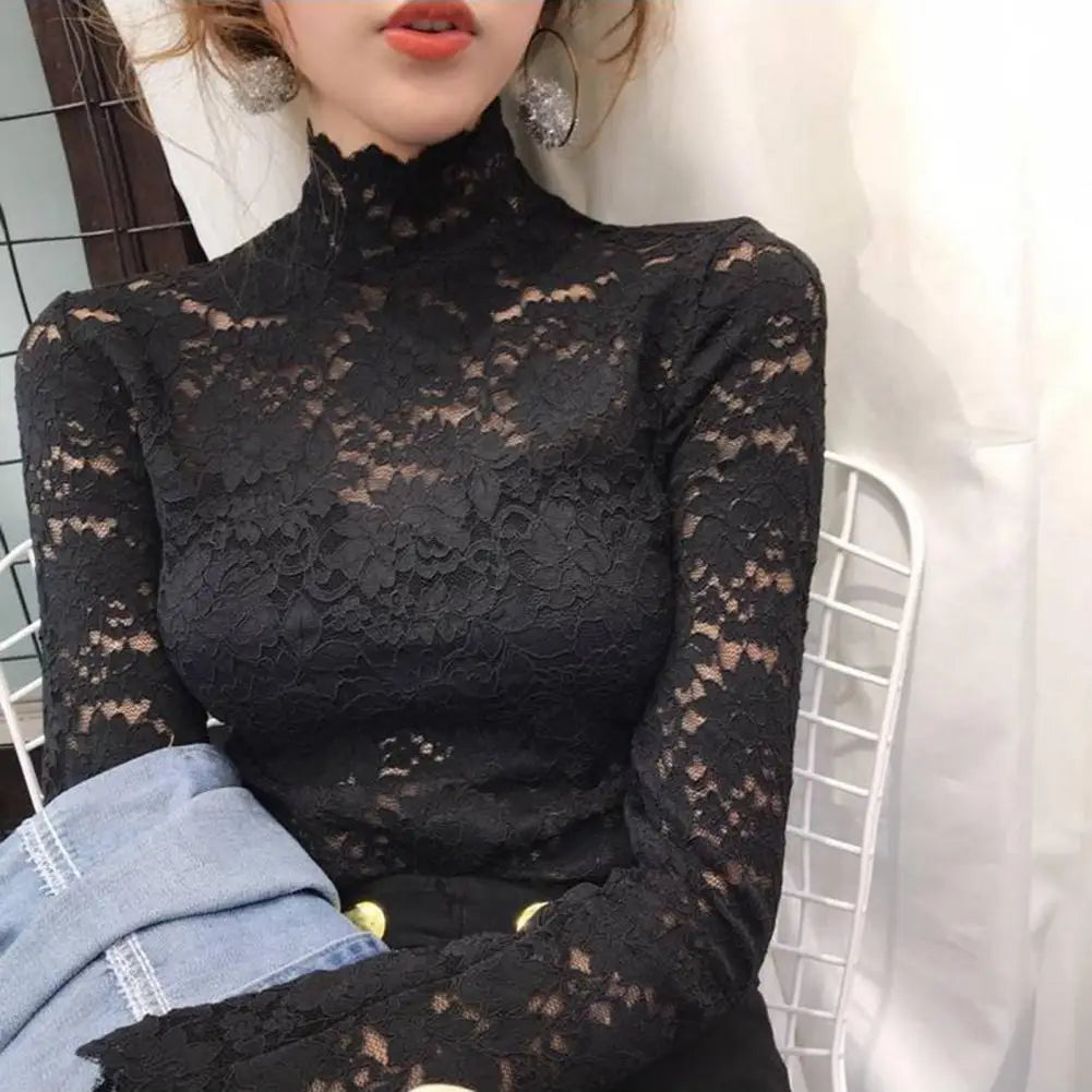 Half High Collar Lace Women Blouse Long Sleeves See-Through Sexy Lace Blouse Women Elegant  Crochet Hollow Floral Blouse Shirt