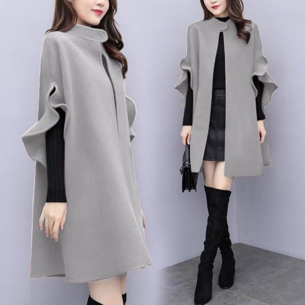 Women Winter Coat Solid Color Formal Elegant Big Hem Midi Length Long Sleeves Cardigan Stand Collar Lady Cloak Coat for Dating