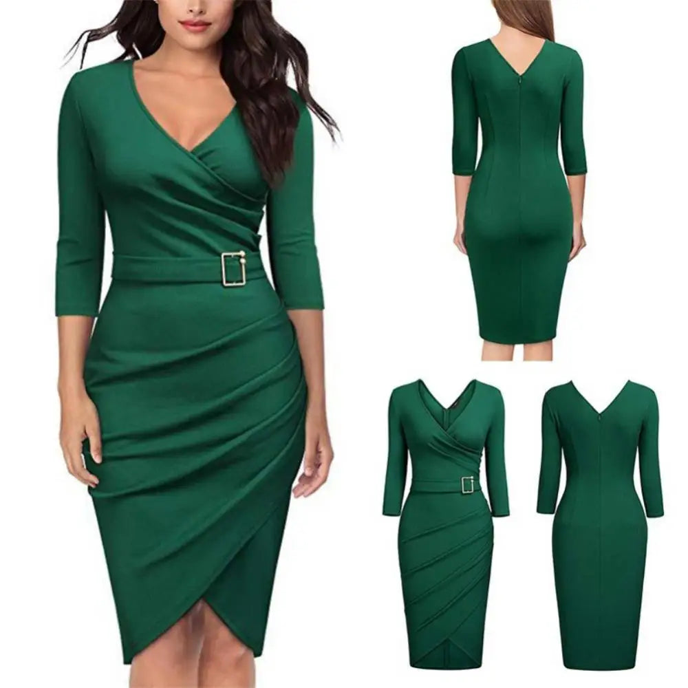 Hot apparel summer Solid Color Women V Neck 3/4 Sleeve High Waist Belted Irregular Pencil Dress