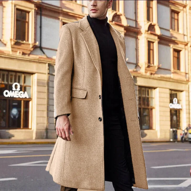 Autumn and Winter Casual Men's Clothing, British Style Woolen Overcoat, Korean Style Solid Color Long Windbreaker