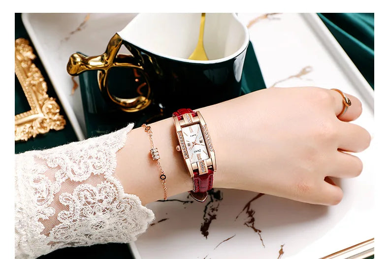 Women Fashion Quartz Watch Bracelet Set Green Dial Luxury Women Watches Simple Rose Gold Mesh Ladies Watch