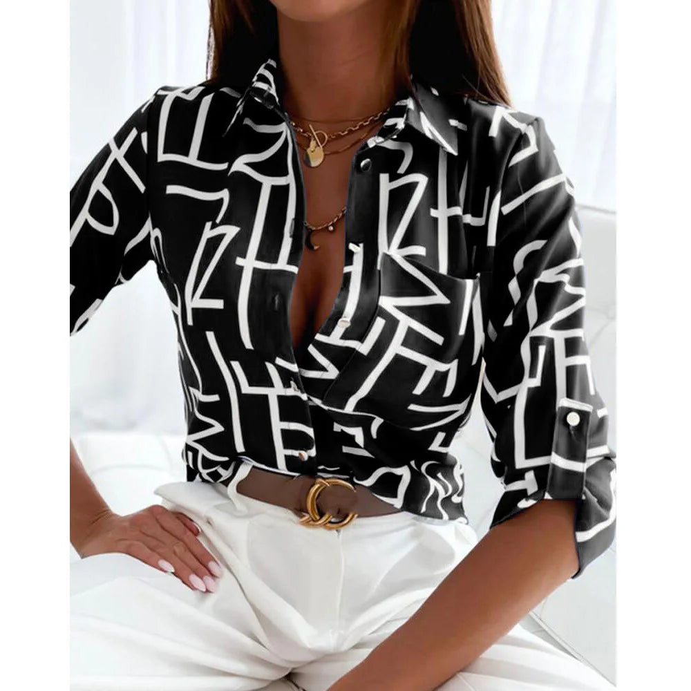 Long Sleeve Shirt Blouse Women Office Elegant Button Pocket Top Casual Loose Print Shirts For Women  Office Elegant Button Pocket Top Casual Loose Print Shirts For Women