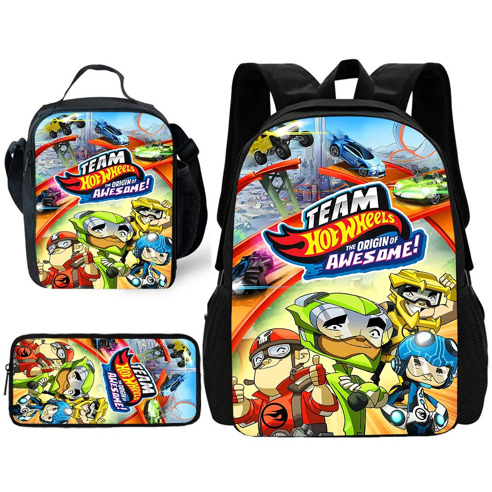 Hot Wheels Cars Child School Backpack with Lunch Bags ,Pencil Bags ,School Bags for Boys Girls Best Gift