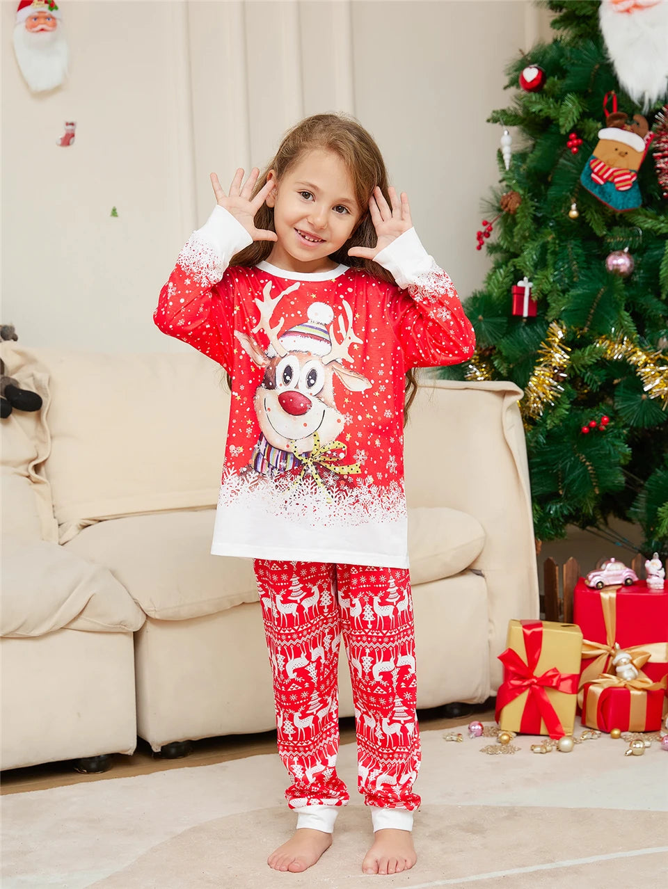 Xmas Pajamas for the Family Set Red Cartoon Elk Print Sleepwear