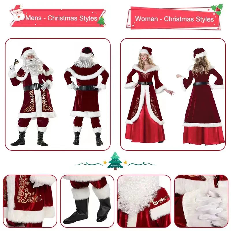 Christmas Santa Claus Costume Red Velvet Lady Elegant Long Dress Xmas For Man Woman