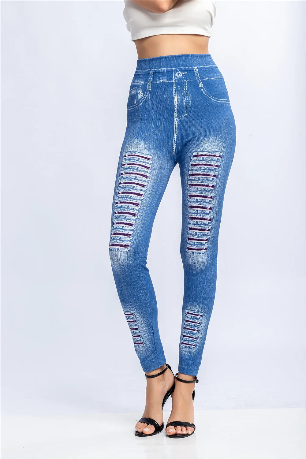 Fashion Stripe Printed Imitation Denim Leggings for Women's Elastic Slim Denim Trousers