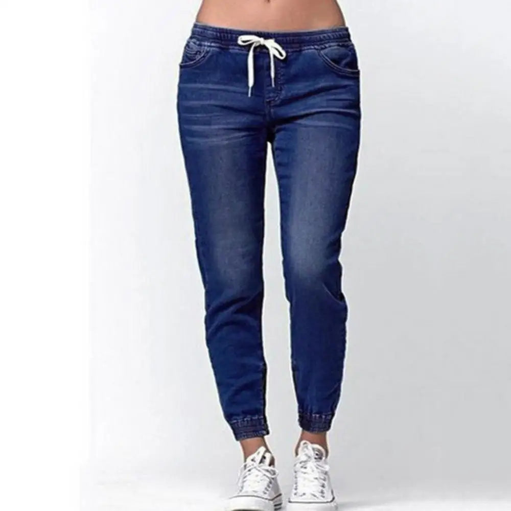 Loose Drawstring Women Jeans Elastic Waist Pants Denim Plus Size Casual Long