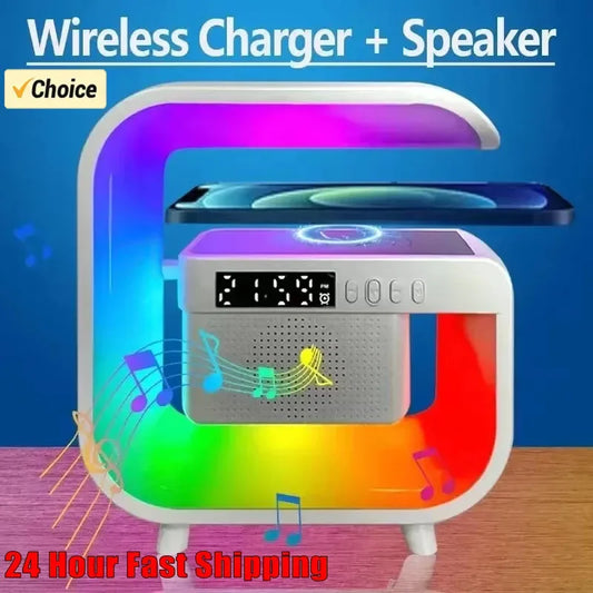 Multifunction Wireless Charger Stand for iPhone Samsung Xiaomi Bluetooth 5.0 Speaker FM TF RGB Night Light Fast Charging Station for iPhone Samsung Xiaomi