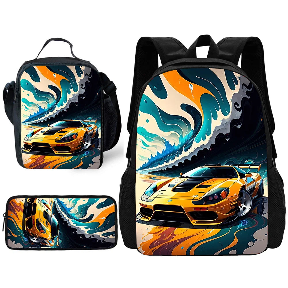 Hot Wheels Cars Child School Backpack with Lunch Bags ,Pencil Bags ,School Bags for Boys Girls Best Gift