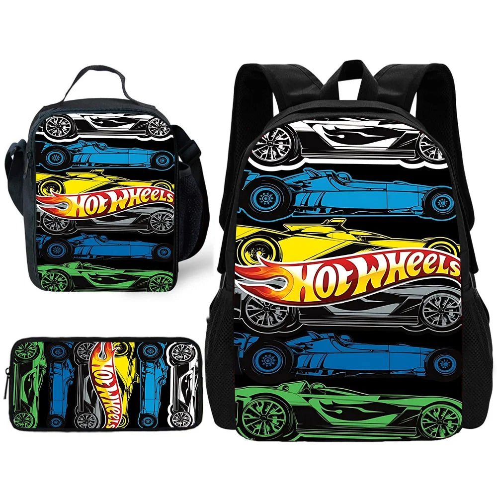 Hot Wheels Cars Child School Backpack with Lunch Bags ,Pencil Bags ,School Bags for Boys Girls Best Gift