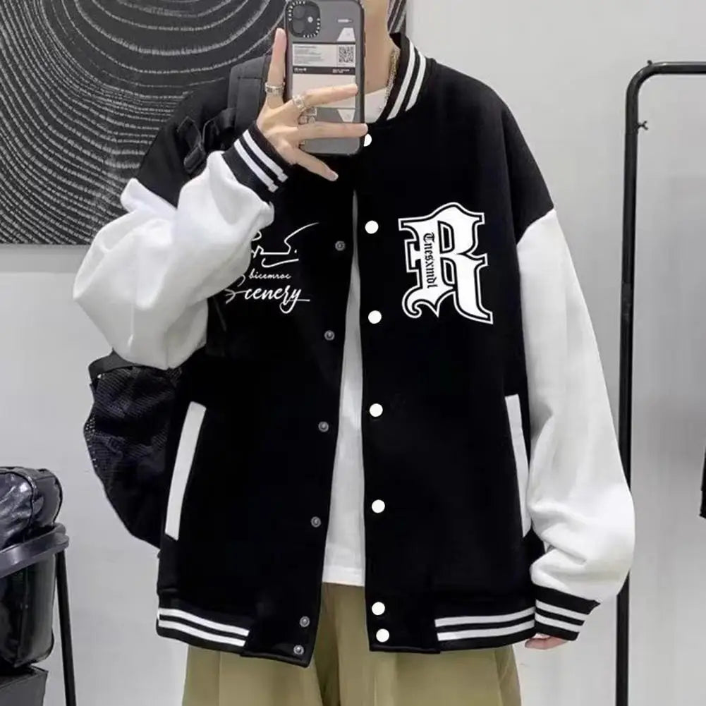 Men's Baseball Jacket with Letter Print Elastic Striped Cuff Fall Winter Single-breasted Color Matching