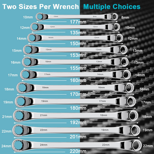 Offset Box End Wrench Set, Carbon Steel Metric 45-Degree,Long Double Ring Wrench Spanners with Rolling Pouch