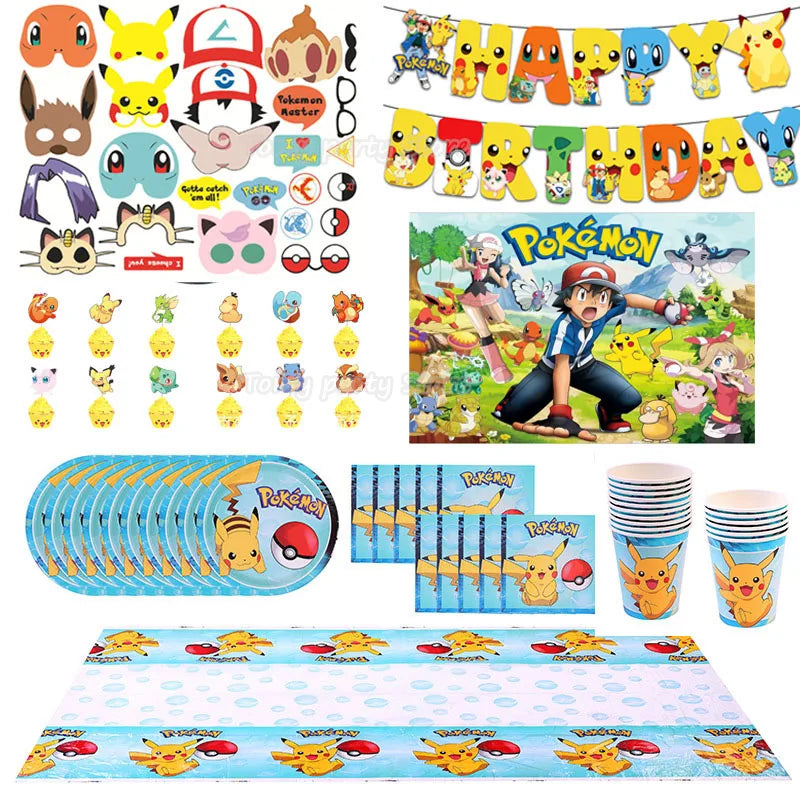 Cartoon Pikachu Theme Birthday Party Disposable Tableware Set Balloons Decorations