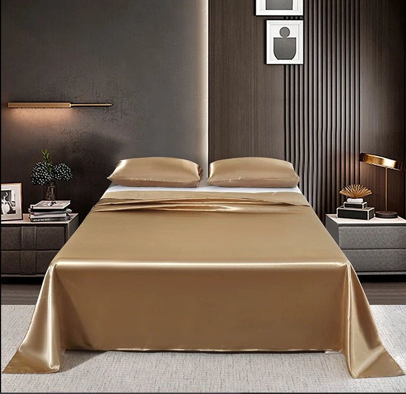 Luxury Satin Bedsheet Soft Comfortable Solid Color Flat Sheet Single Double Twin King Size Bedding Sheet